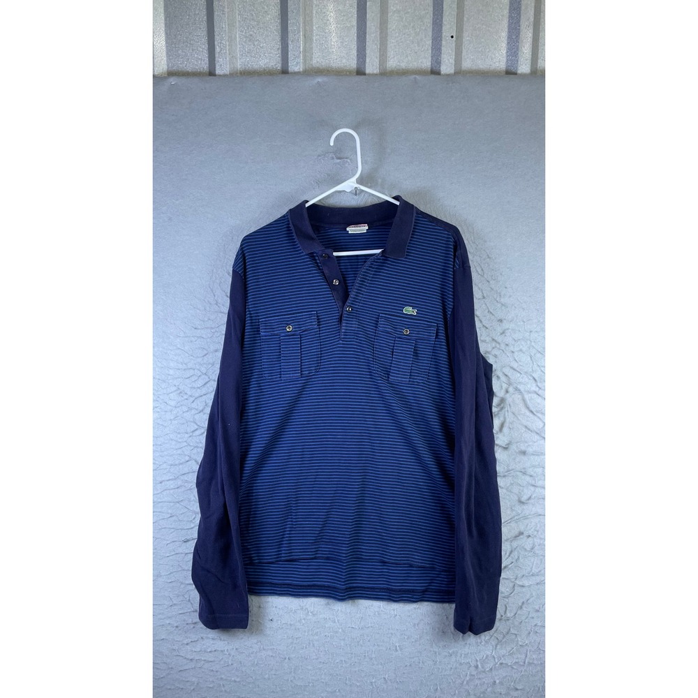 Lacoste Polo Shirt Mens 7 Blue Excellent Long Sleeve Striped Slim Fit Pockets